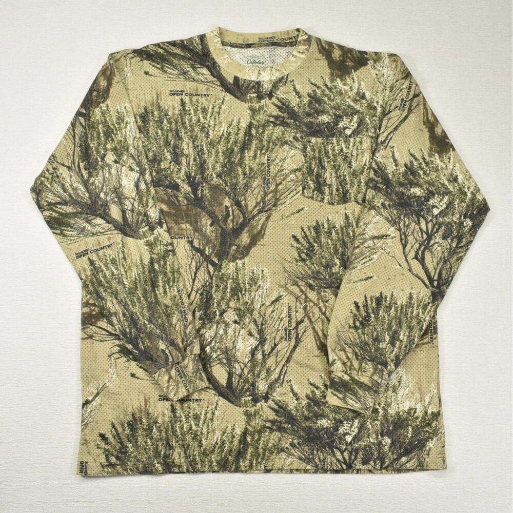 Vintage Cabelas XL Long Sleeve T Shirt Open Country Camo Hunting Pocket Tee Mesh